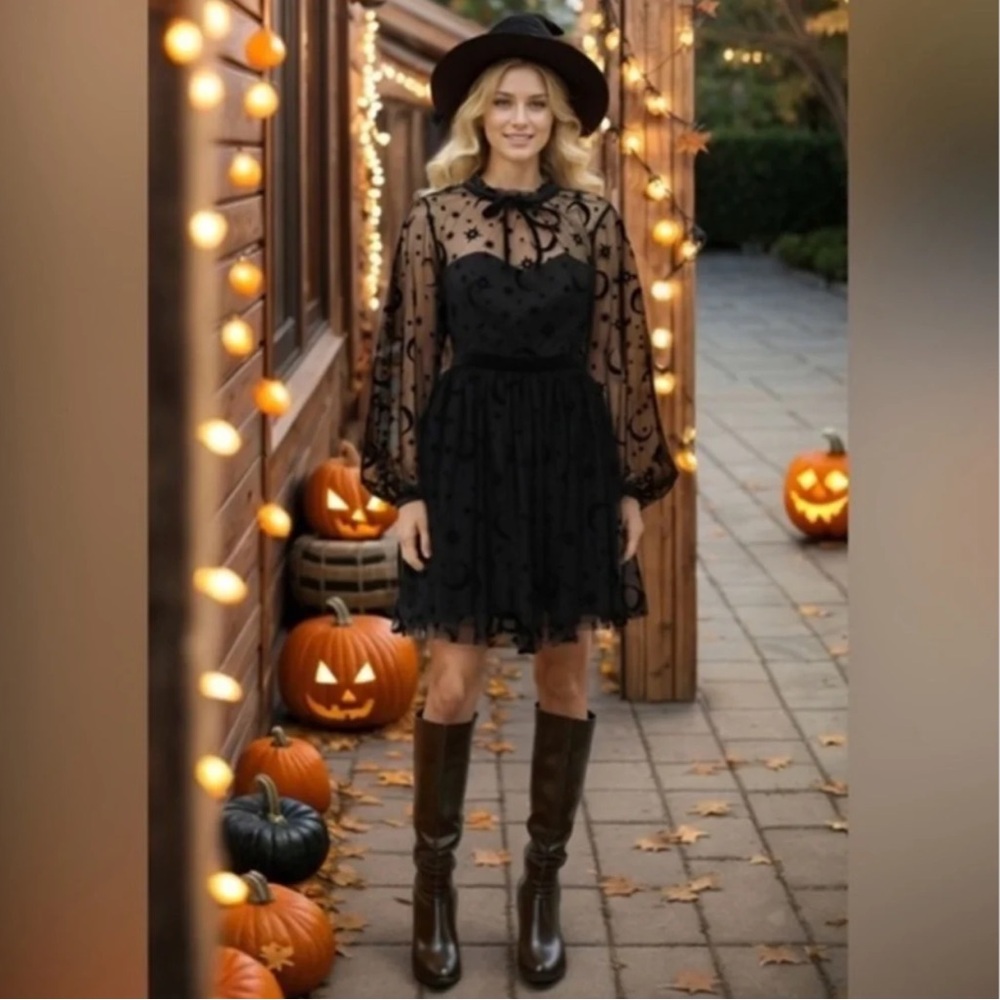 Witchy star & moon tulle mesh black mini dress NWT Halloween soft goth